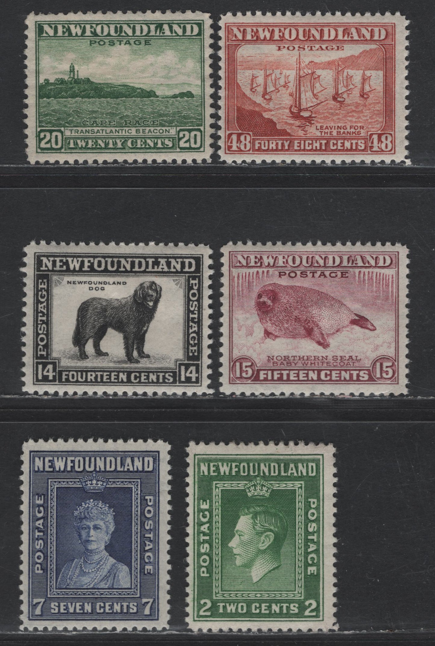 Lot 60 Newfoundland #254, 258, 261-263, 266 2c - 48c Deep Green - Red Brown King George VI - Fishing Fleet, 1941-1944 Re-Issued Definitives, 6 F/VFOG Singles