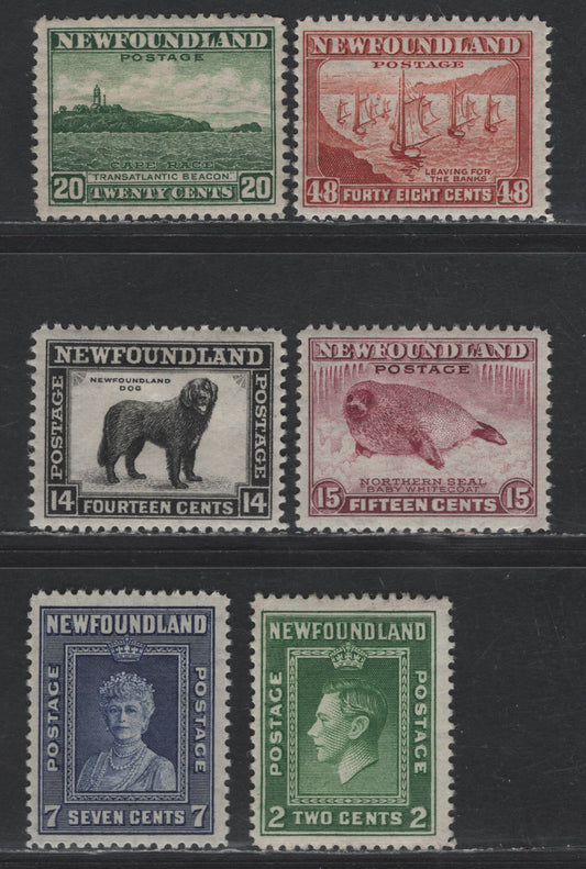 Lot 60 Newfoundland #254, 258, 261-263, 266 2c - 48c Deep Green - Red Brown King George VI - Fishing Fleet, 1941-1944 Re-Issued Definitives, 6 F/VFOG Singles