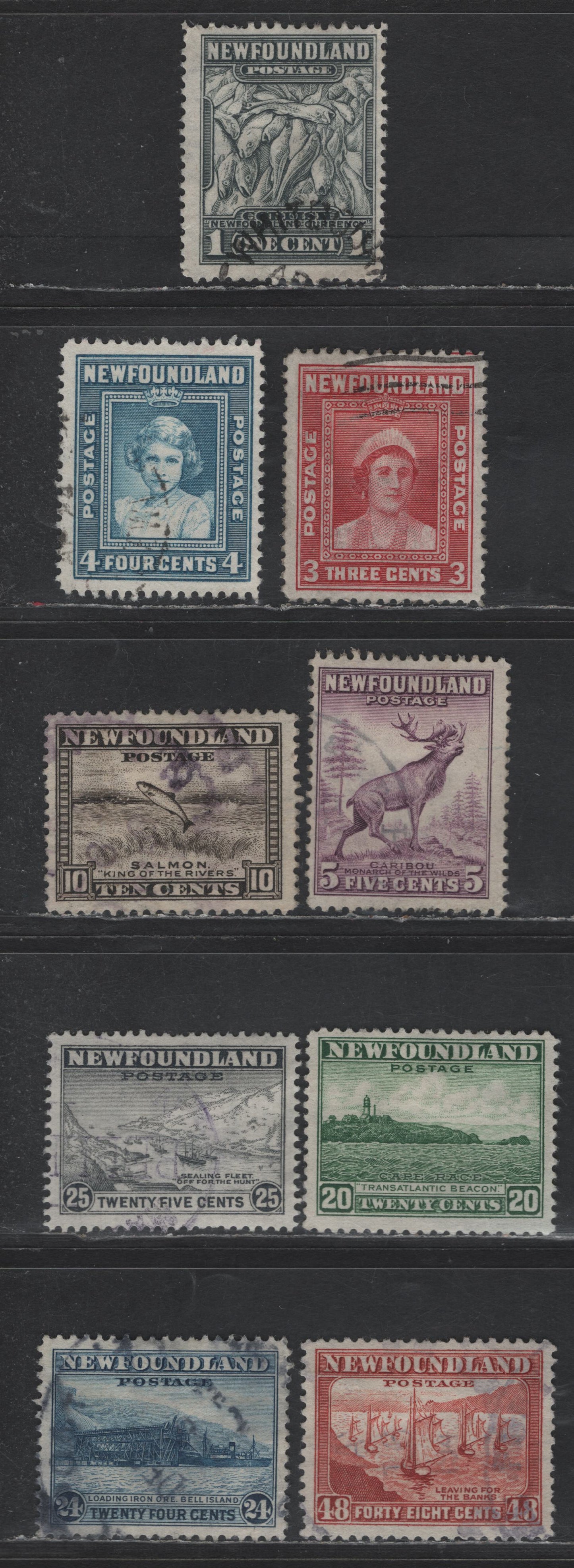 Lot 60A Newfoundland #253, 255-257, 260, 264-266 1c - 48c Dark Gray - Red Brown Codfish - Fishing Fleet, 1941-1944 Re-Issued Definitives, 8 Fine/Very Fine Used Singles