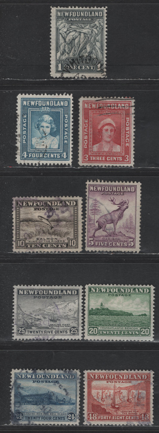 Lot 60A Newfoundland #253, 255-257, 260, 264-266 1c - 48c Dark Gray - Red Brown Codfish - Fishing Fleet, 1941-1944 Re-Issued Definitives, 8 Fine/Very Fine Used Singles