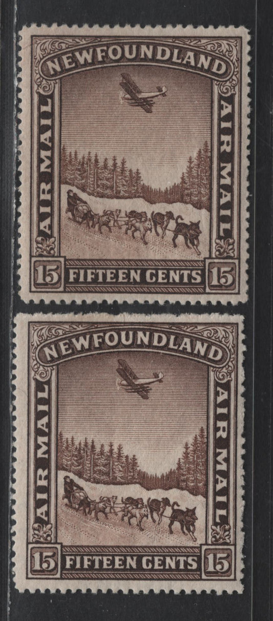 Lot 61 Newfoundland #C6, C9 15c Brown Dog Sled & Airplane, 1931 Pictorial Issues, 2 FOG Singles, Watermarked & Unwatermarked, Unwatermarked Stamp Has Small Corner Crease At UL