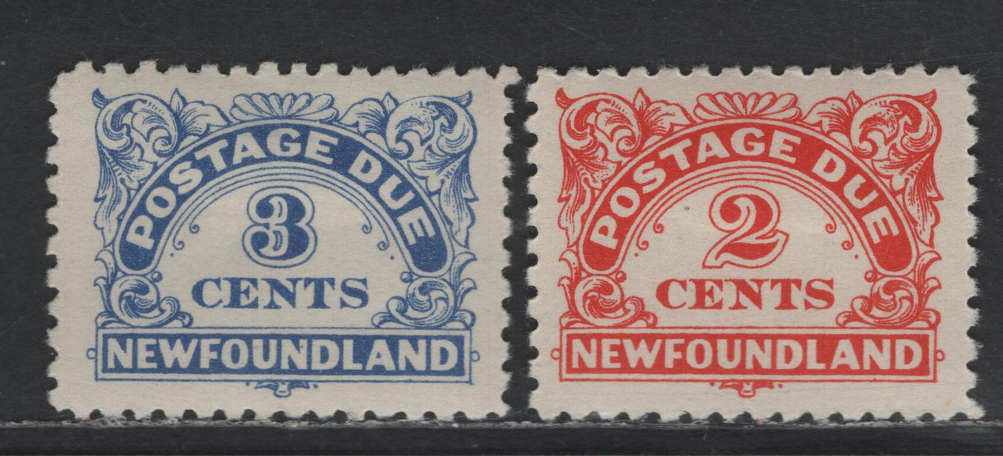 Lot 64 Newfoundland #J2-J3 2c - 3c Vermillion - Ultramarine Numerals, 1939 Postage Dues, 2 VFOG Singles, Perfs 10 & 105