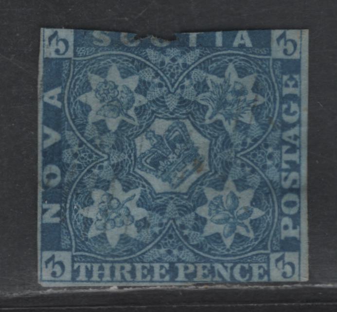 Lot 66 Nova Scotia #2 3d Blue Flowers, 1851-1857 Pence Issue, A Fair Used Single, Very Light Cancel, 25 Margins & 4th Margin Into 'Scotia'