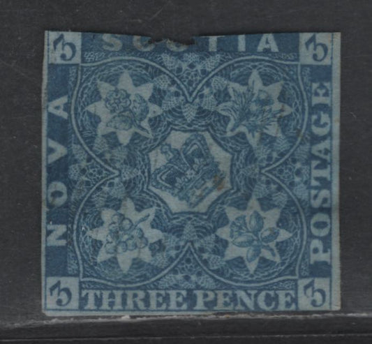 Lot 66 Nova Scotia #2 3d Blue Flowers, 1851-1857 Pence Issue, A Fair Used Single, Very Light Cancel, 25 Margins & 4th Margin Into 'Scotia'