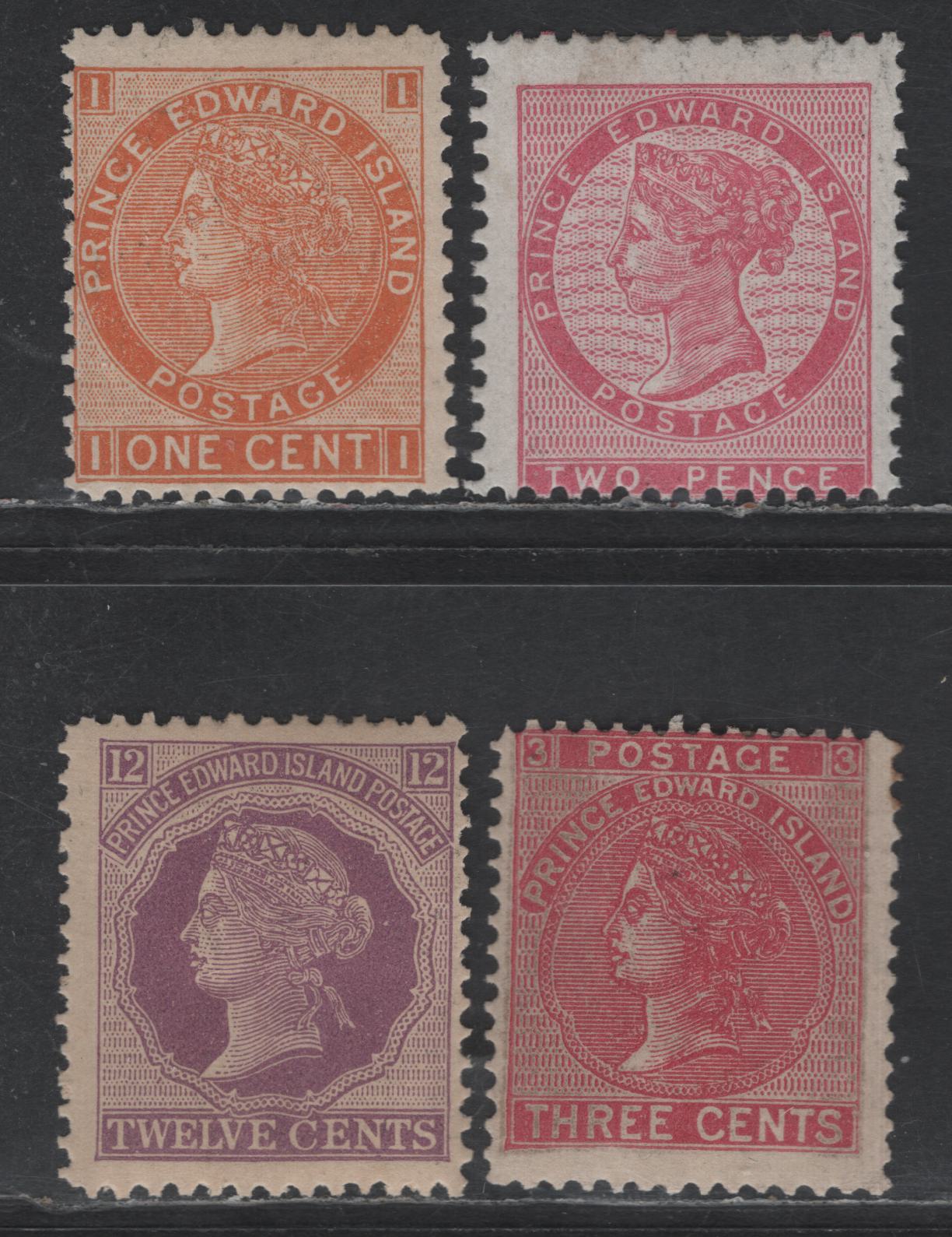 Lot 76 (C) PEI #5, 11, 13d, 16 2d - 12c Rose - Violet Queen Victoria, 1862-1872 Queen Victoria Pence & Cents Issues, 4 VG/FOG Singles, 2d, 1c & 12c Are Perf 12