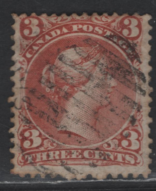 Lot 77 Canada #25iii 3c Rose Red Queen Victoria, 1868-1876 Large Queen Issue, A Very Good Used Single, Duckworth Paper 10 (Paper FO-O), Light Internal Wrinkle