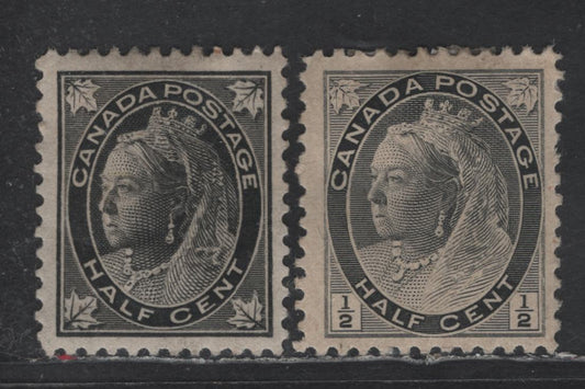 Lot 79 Canada #66, 74i 1/2c Black Queen Victoria, 1897-1902 Maple Leaf - Numeral Issues, 2 VFOG Singles