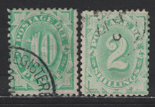 Lot 84 (C) Australia SG#D20, D30 10c - 2/- Emerald Numerals, 1902-1904 Postage Dues, 2 Fine Used Singles, Perf 12x11 & 115x12