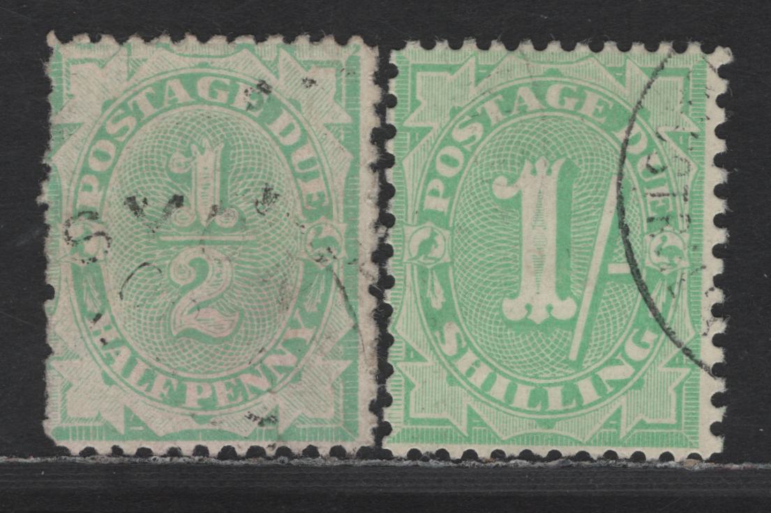 Lot 89 (C) Australia SG#D45, D58 1/2d - 1/- Emerald - Dull Green Numerals, 1906-1909 Postage Dues, 2 Fine Used Singles, Perf 12x11, Crown Over Single Lined A Wmk