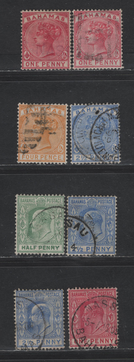 Lot 94 (C) Bahamas SG#48-49, 52-53, 63, 71-73 1d - 25d Carmien Rose - Ultramarine Queen Victoria - King Edward VII, 1884-1911 Keyplates Issues, 8 Fine/Very Fine Used Singles, Crown CA & Multiple Crown CA Wmks
