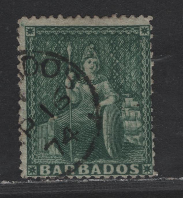 Lot 98 Barbados SG#58 1/2d Deep Green Britannia, 1873 Britannia Issue, A Fine Used Single, Perf 145x155, Large Star Wmk, Clean Cut