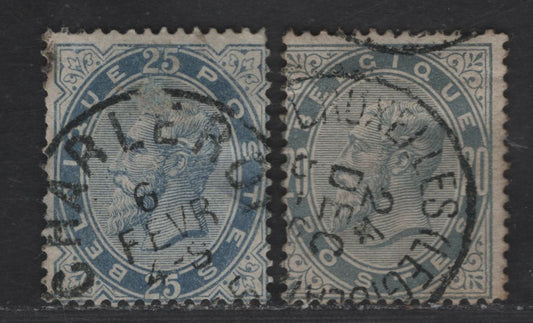 Lot 100 Belgium SC#46a, 47 20c - 25c Slate Gray - Blue Leopold II, 1883 Leopold II Sidefaces, 2 Very Good/Fine Used Singles, 25c Has A Thin