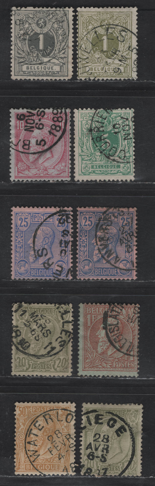 Lot 102 Belgium SC#49-54, 53a, 56, 58 1c -50c Olive Green - Bistre on Yellowish Leopold II, 1884-1891 Leopold II Sidefaces, 9 Fine Used Singles