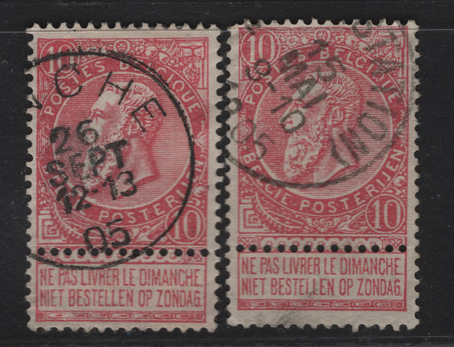 Lot 106 Belgium SC#66a 10c Bright Rose Sunday Labels, 1893-1900 Sunday Labels Issue, A Very Good Used Singles, Very Thin Transparent Paper, Both Small Corner Creases
