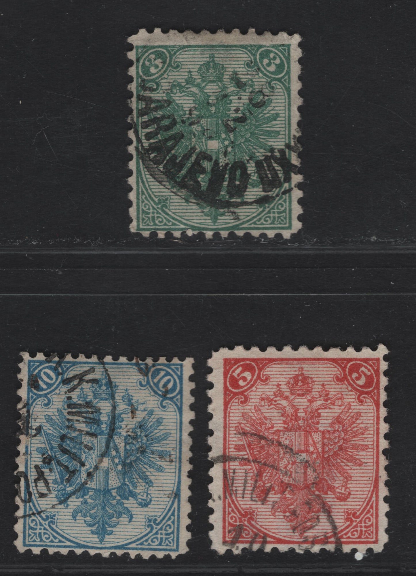 Lot 110 (C) Bosnia & Herzegovina SC#4, 5, 7 2n - 10n Yellow - Blue Coat of Arms, 1879-1894 Coat of Arms Issue, 4 Fine/Very Fine Used Singles, All Type 1