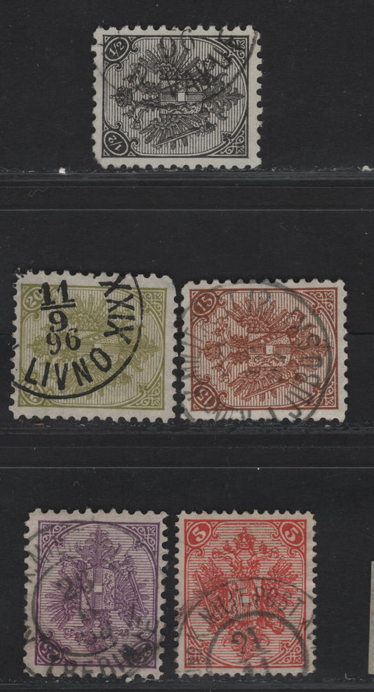 Lot 112 (C) Bosnia & Herzegovina SC#1a, 8b, 9a, 10a, 6b 1/2n - 25n Black - Violet Coat of Arms, 1894-1898 Coat of Arms Issue, 5 Very Fine Used Singles, Types 2 & 3, 5n Is Type 3, Rest Are Type 2