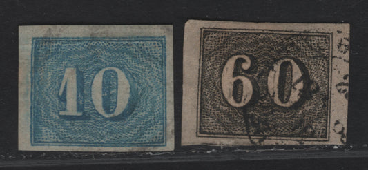 Lot 113 Brazil SC#24, 37a 10r - 60r Pale Blue - Black Cats Eyes, 1850-1854 Cats Eyes Issue, 2 Very Fine Used Singles