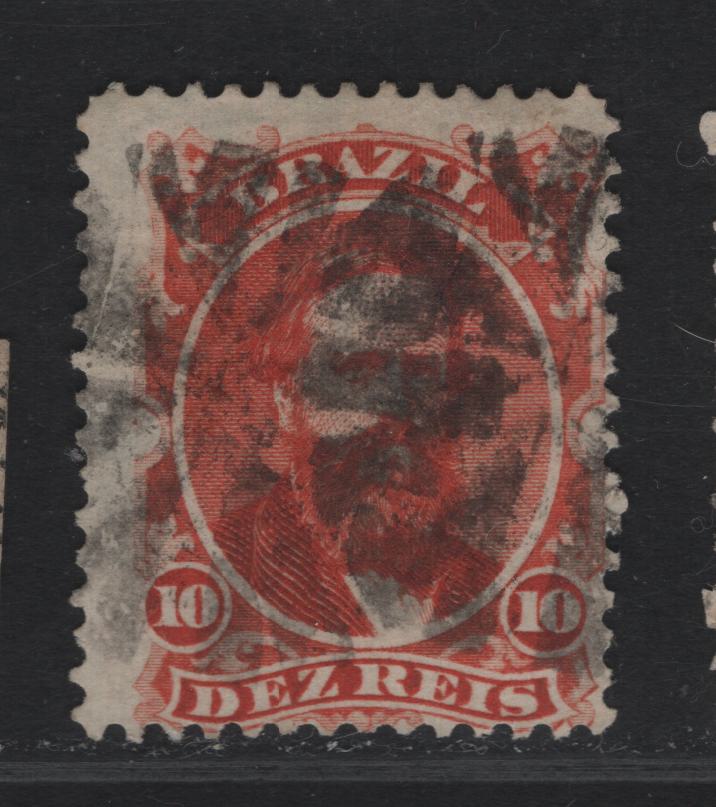 Lot 114 Brazil SC#53a 10r - 60r Vermillion Dom Pedro, 1868 Dom Pedro Issue, A Very Good Used Single, Experimental Paper That Would Turn Bluish When Exposed To Moisture