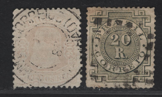 Lot 121 Brazil SC#85, 87a 200r - 20r Pale Rose - Olive Green Dom Pedro - Numerals, 1882-1885 Dom Pedro Sidefaces & Numeral Issue, 2 Very Fine Used Singles, Color Slight Faded In 200r, 200r Type II