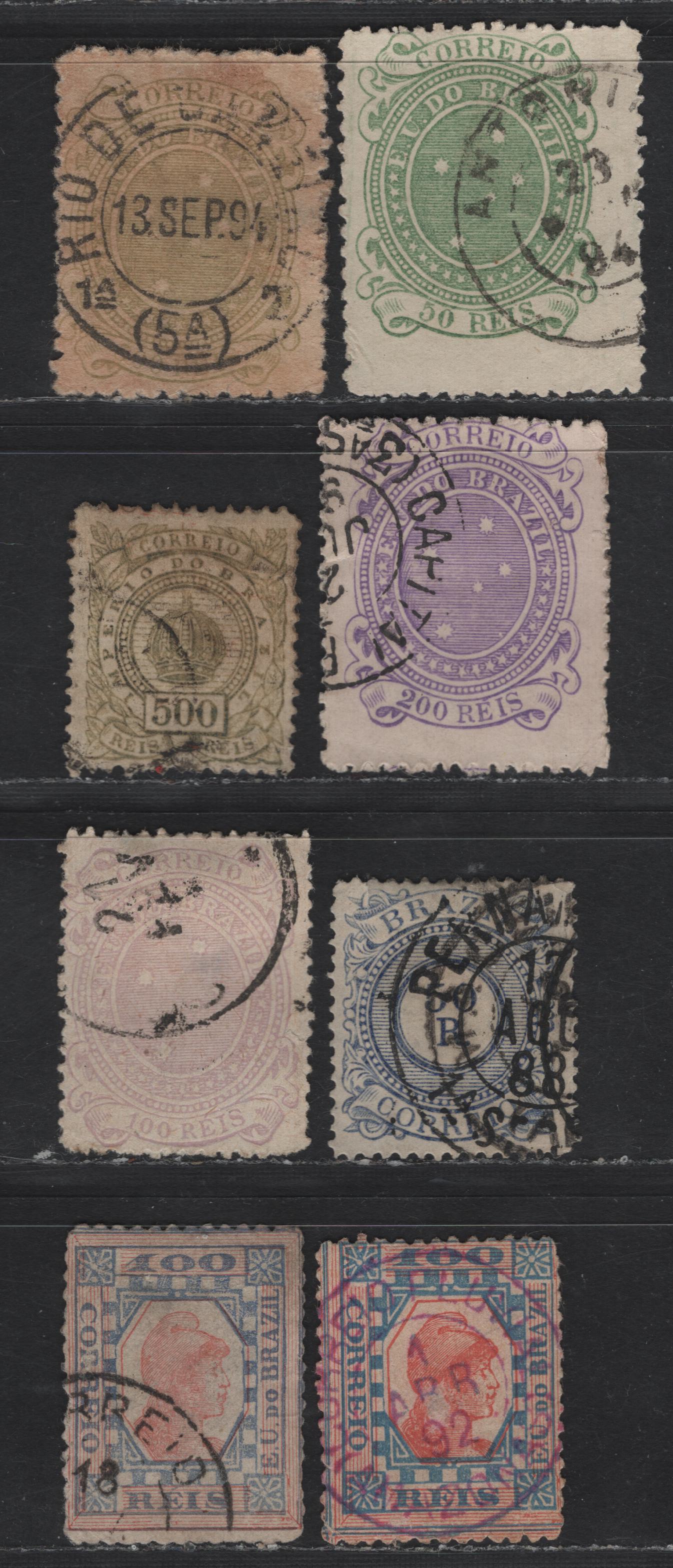 Lot 123 Brazil SC#93, 95, 100b, 102, 103a, 105, 109, 109c 50r - 100r Chalky Blue - Ultramarine & Red Crown & Numeral - Liberty Head, 1887-1891 Crown & Numeral - Liberty Heads Issues, 8 Fine Used Singles