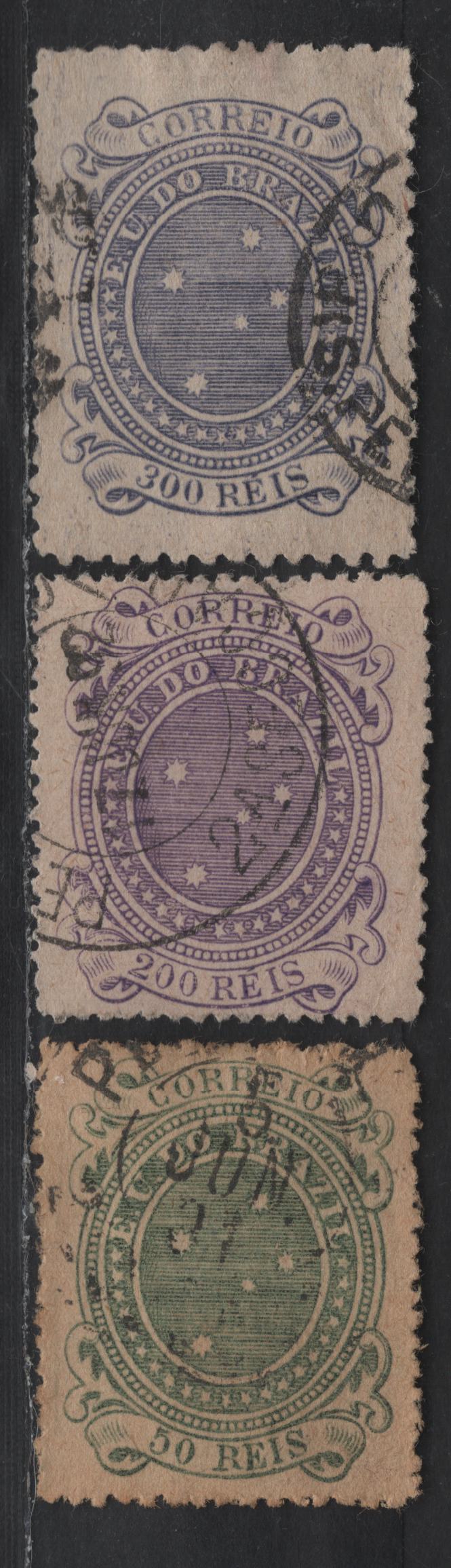 Lot 124 Brazil SC#100, 103, 104c 50r - 200r Gray Green - Slate Violet Southern Cross, 1890-1891 Southern Cross Definitives, 3 Fine/Very Fine Used Singles, 300r Has A Light Crease