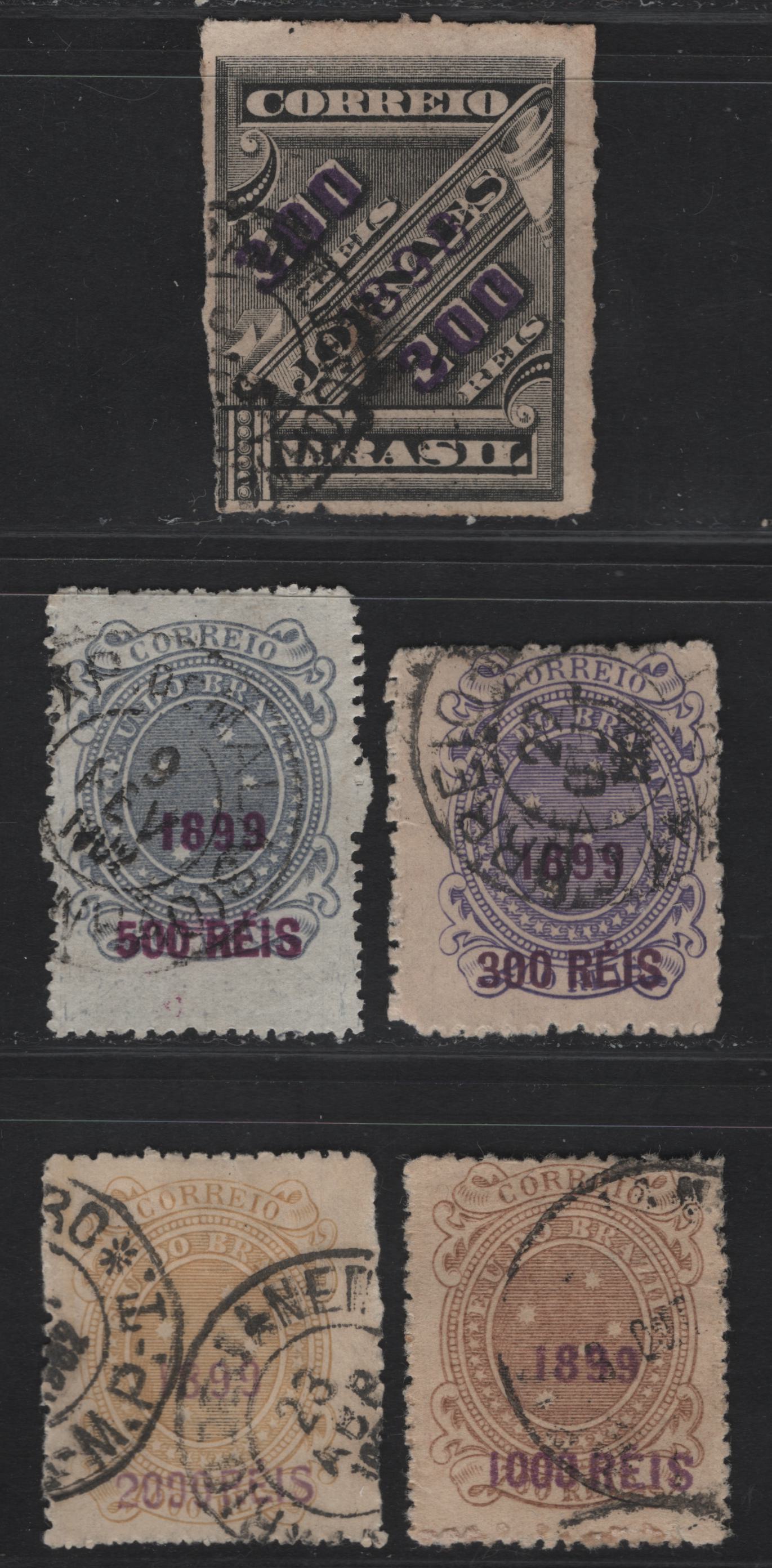 Lot 125 Brazil SC#131, 153, 154c, 157-158 300r on 200r - 2000r on 1000r Black - Bistre Sugarloaf Mountain - Hermes Head, 1898-1899 Surcharged Issues, 5 Fine Used Singles