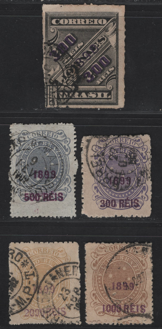 Lot 125 Brazil SC#131, 153, 154c, 157-158 300r on 200r - 2000r on 1000r Black - Bistre Sugarloaf Mountain - Hermes Head, 1898-1899 Surcharged Issues, 5 Fine Used Singles