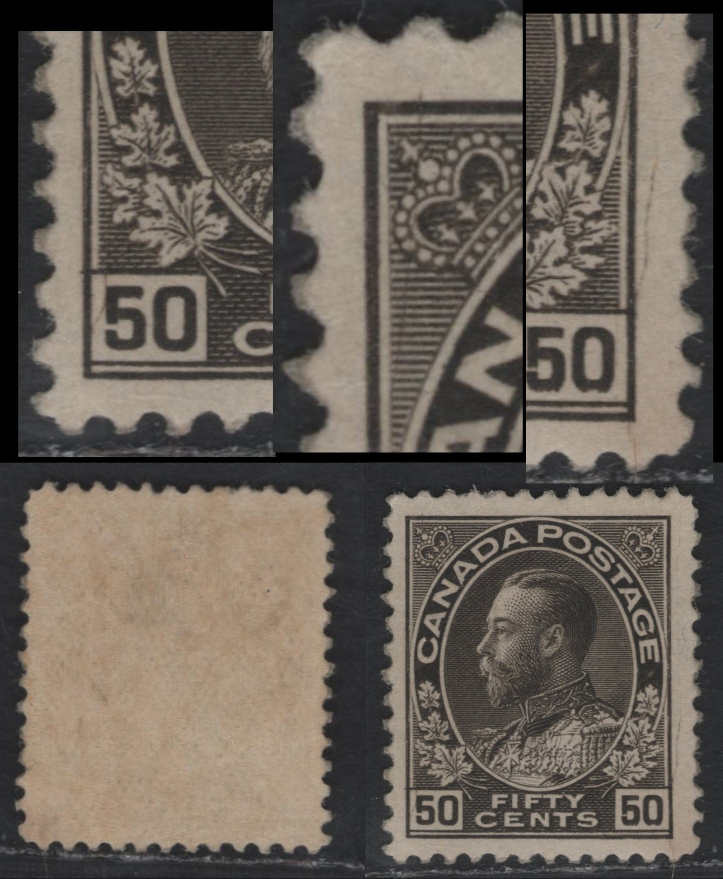 Lot 12 Canada #120a 50c Black King George V, 1911-1925 Admiral Issue, A VFOG Single, Wet Printing, Very Lightly Retouched Frameline, Two Curved Hairline Scratches At Left & Right, Original Gum But Redistributed To Appear NH.