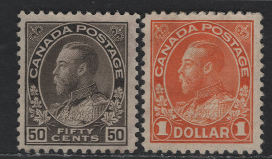 Lot 13 Canada #120, 122iv 50c - $1 Black Brown - Brown Orange King George V, 1911-1925 Admiral Issue, 2 Very Fine Used Singles, Dry Printings, Very Light Cancels.