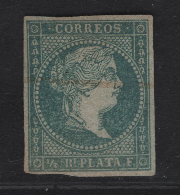 Lot 140 Cuba SC#1 1/2rp Blue Green Queen Isabella II, 1855 Queen Isabella II Issue, A Very Fine Used Single, Bluish Paper, Loops Wmk