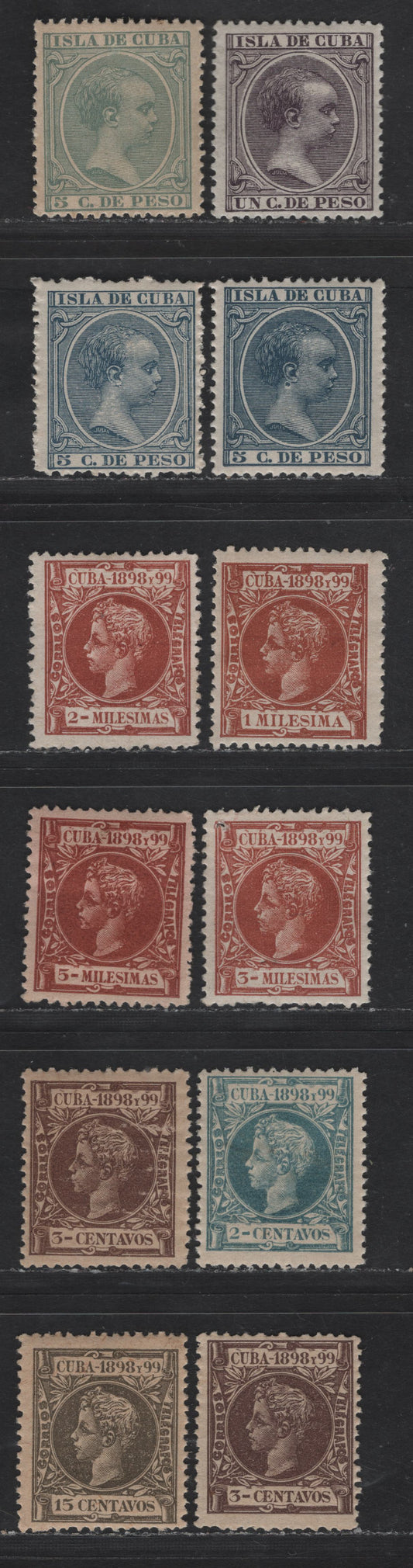 Lot 144 Cuba SC#135, 145-146, 156-158, 160, 162, 163, 169 1c - 15c Dark Violet - Slate Green King Alfonso XII, 1882-1886 King Alfonso XII Issue, 10 F/VFOG/NH Singles, Several Are NH