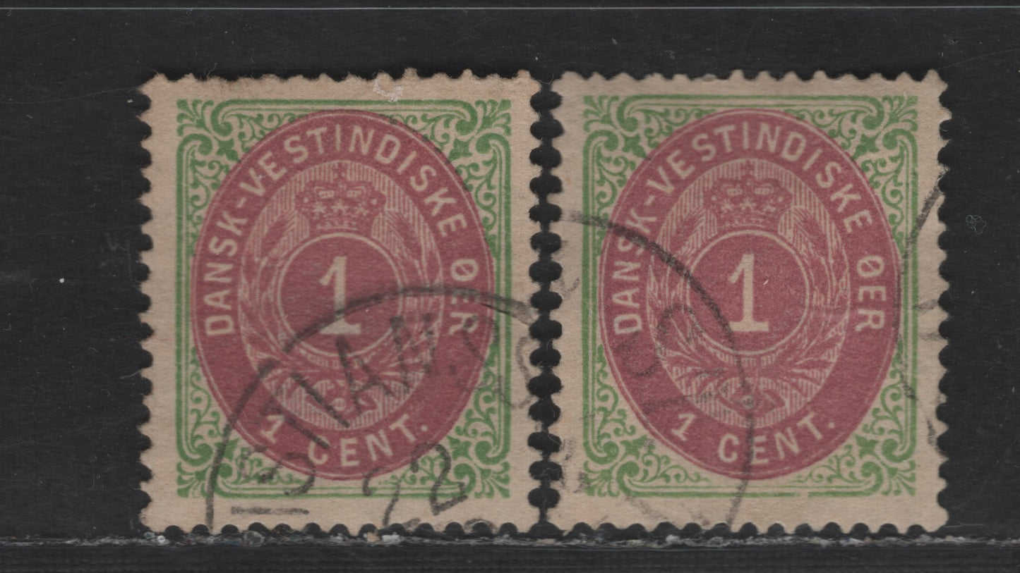 Lot 147 (C) Danish West Indies SC#5b 1c Green & Red Violet Numeral, 1874-1879 Numeral Issue, 2 Very Fine Used Singles, Medium Paper, Perf 14x13.5, Two Shades, Crown Wmk.