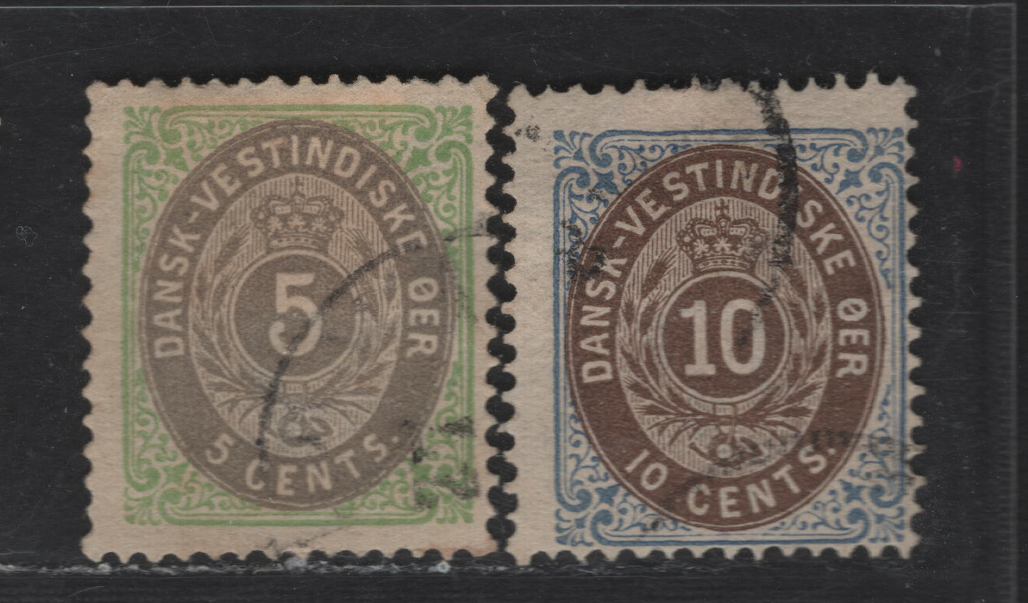 Lot 148 (C) Danish West Indies SC#8, 10 5c - 10c Green & Gray - Blue & Brown Numeral, 1874-1879 Numeral Issue, 2 Fine Used Singles, Perf 14x13.5