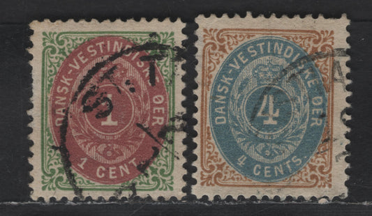 Lot 150 (C) Danish West Indies SC#16, 18 1c - 4c Green & Red Violet - Bistre & Dull Blue Numeral, 1896-1901 Numeral Issue, 2 Fine Used Singles, 1c Inverted Frame & 4c Normal Frame, Perf 13, Crown Wmk.