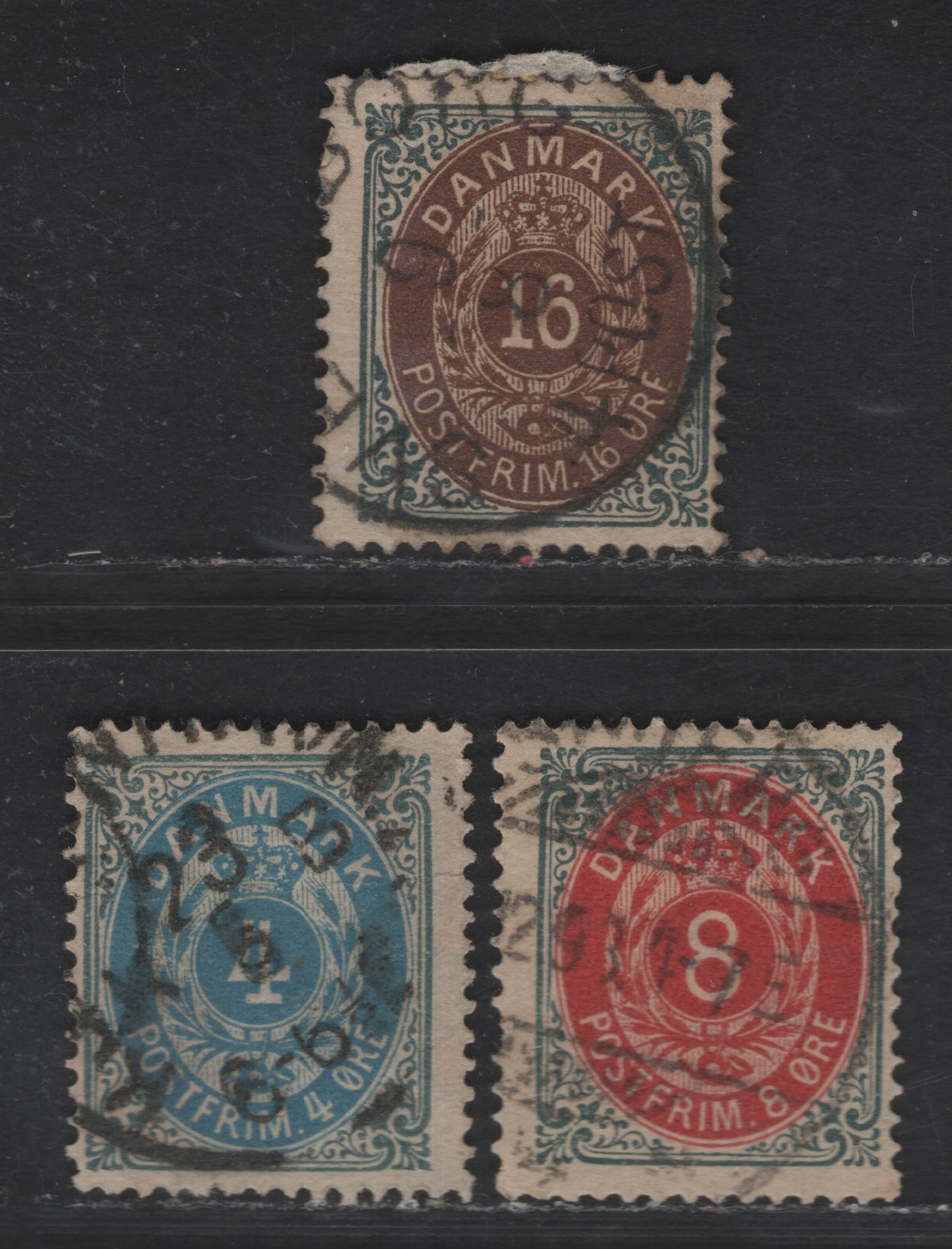 Lot 153 (C) Denmark SC#26e, 28, 30b 4o - 16o Slate & Blue - Slate & Brown Numeral, 1875-1879 Numeral Issue, 3 Fine Used Singles, Inverted Frames, Denominated In Ore, perf 14x13.5.