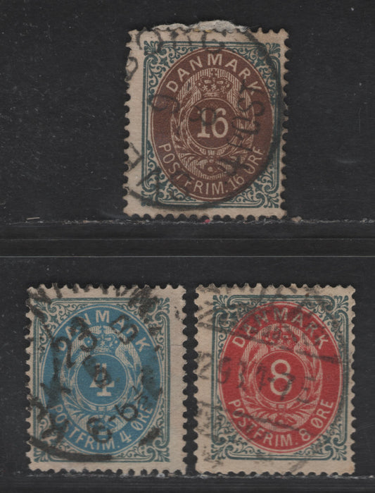 (C) Denmark SC#26e, 28, 30b 4o - 16o Slate & Blue - Slate & Brown Numeral, 1875-1879 Numeral Issue, 3 Fine Used Singles, Inverted Frames, Denominated In Ore, perf 14x13.5.