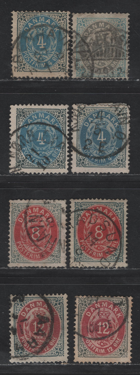 Lot 154 (C) Denmark SC#25-26, 28-a, 29-a 3o - 12o Gray Blue & Gray - Slate & Dull Clarer & Bright Lilac Numeral, 1875-1879 Numeral Issue, 8 Fine Used Singles, perf 14x13.5
