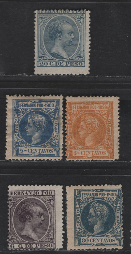 Lot 160 Fernando Po SC#16, 21, 52, 75, 83 6c - 80c Dark Violet - Dark Blue King Alphonso XIII, 1894-1900 King Alphonso XIII Issues, 5 VG/FOG & Unused Singles, The 1894-97 Issues Have No Gum