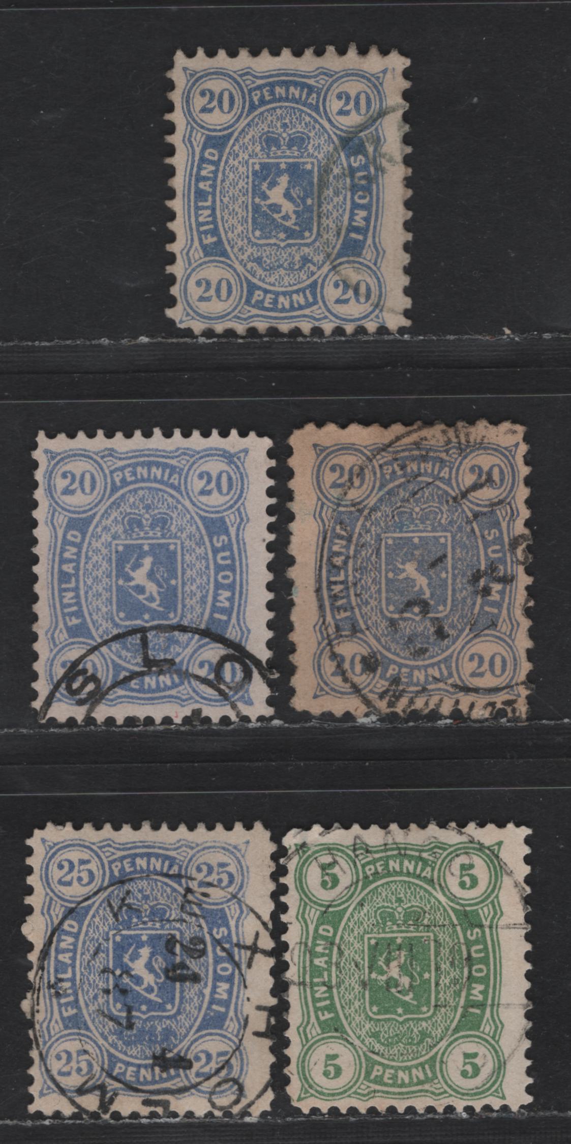 (C) Finland SC#21-a, 28, 31a, 34 20p - 25p Ultramarine Coat of Arms, 1875-1885 Coat of Arms Issue, 5 Fine Used Singles, Perfs 11 & 12.5, 4 Numerals