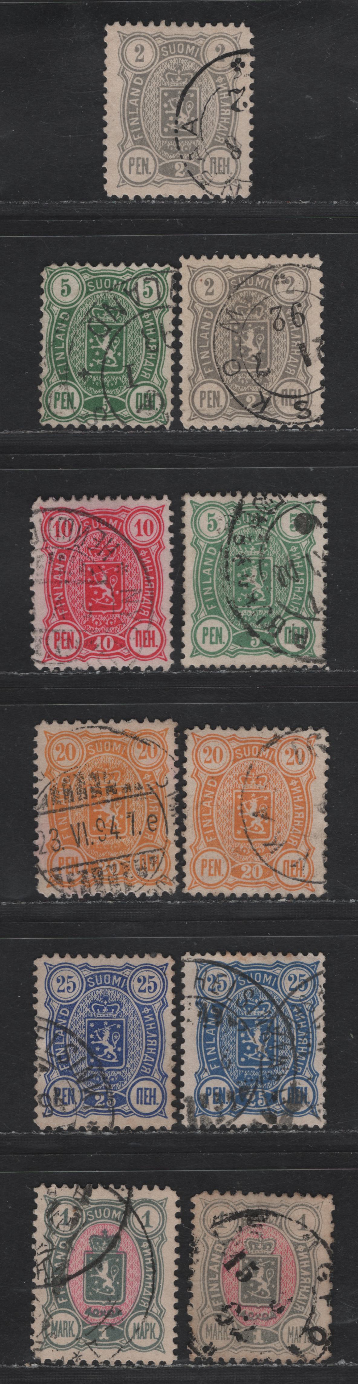 Lot 164 (C) Finland SC#38-39, 40a, 41-a, 42-a, 43-a 2p - 1m Gray - Slate Pink Coat of Arms, 1889-1892 Coat of Arms Issue, 11 Very Fine Used Singles, Perf 12.5, 3 Numerals, Shade Variations.