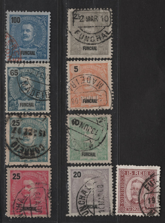 Lot 167 Funchal SC#3, 13-15, 18-20, 23, 27 15v - 100r Chocolate - Dark Blue on Blue King Carlos, 1892-1905 King Carlos Keyplates, 9 Fine/Very Fine Used Singles