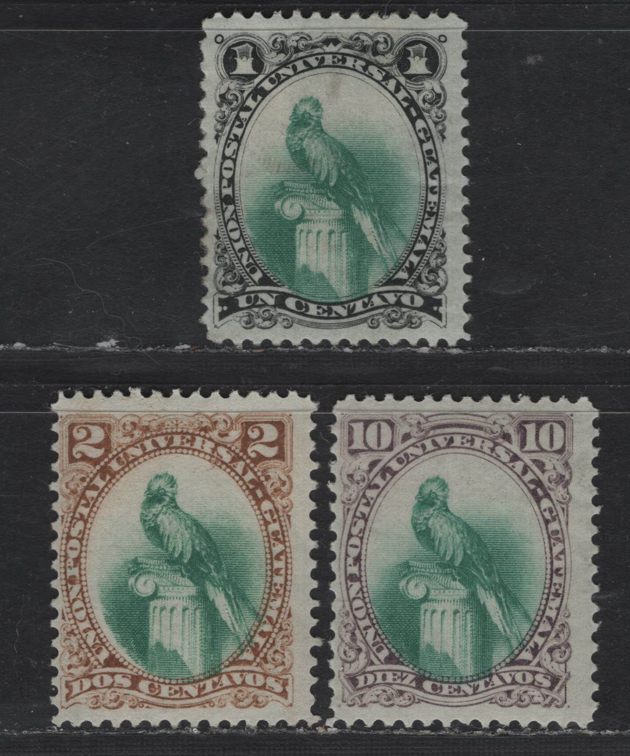 Lot 169 Guatemala SC#21-22, 24 1c - 10c Black & Green - Gray Violet & Green Quetzal, 1881 Quetzal Issue, 3 FOG Singles