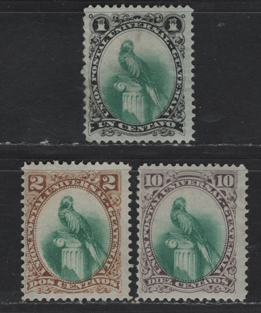 Lot 169 Guatemala SC#21-22, 24 1c - 10c Black & Green - Gray Violet & Green Quetzal, 1881 Quetzal Issue, 3 FOG Singles