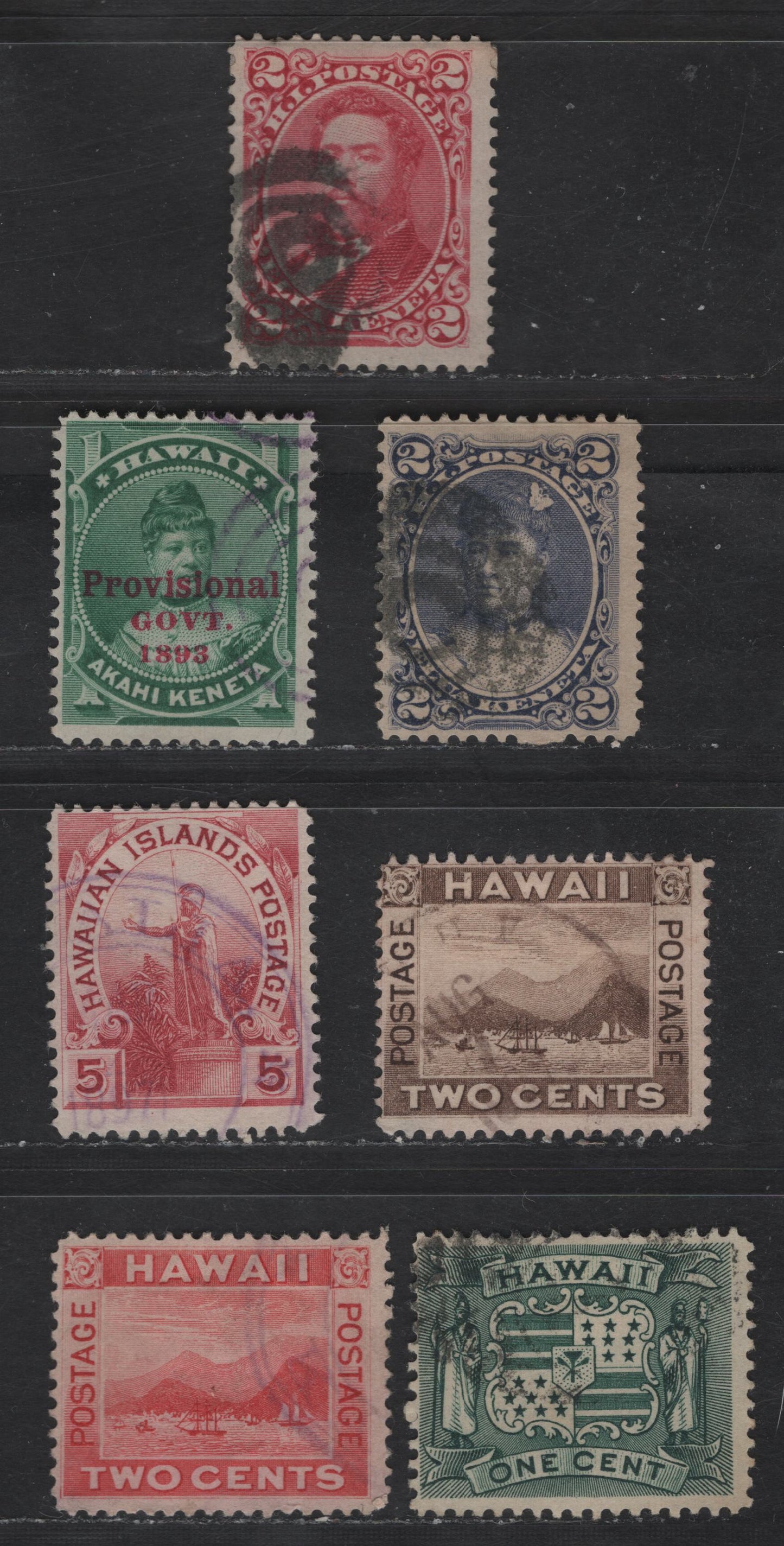 Lot 173 Hawaii SC#43, 52, 55, 75-76, 80-81 2c - 2c Rose - Rose Portraits - Pictorials, 1883-1899 Portraits - Pictorials Issues, 7 Fine Used Singles