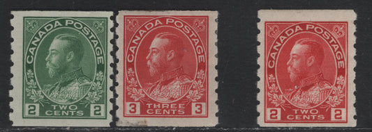 Lot 18 Canada #127, 128ii, 130b 2c & 3c Carmine, Green & Carmine Red King George V, 1912-1924 Admiral Coil Issue, 3 FOG Singles, Dry Printing, Perf 8 Vertical, Die 2.