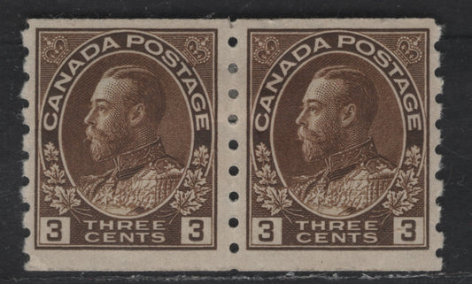 Lot 19 Canada #129 3c Brown King George V, 1912-1924 Admiral Coil Issue, A FOG Pair, Wet Printing, Retouched Frameline.
