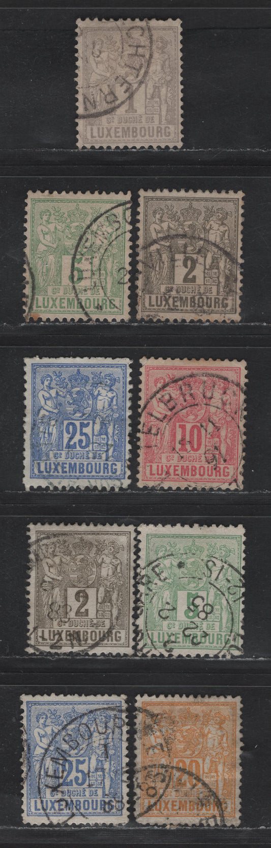 Lot 193 Luxembourg SC#48, 49d, 51, 52, 55a, 51b, 49c, 54c, 55c 1c - 25c Gray Lilac - Ultramarine Industry & Coverage, 1882 Industry & Coverage Issue, 9 Fine/Very Fine Used Singles, Different Perfs