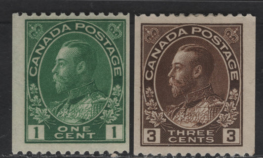 Lot 20 Canada #131var, 134 1c & 3c Deep Yellowish Green & Dark Brown King George V, 1915-1924 Admiral Coil Issue, 2 FNH/OG Singles, Wet Printing, Perf 12 Horizontal.
