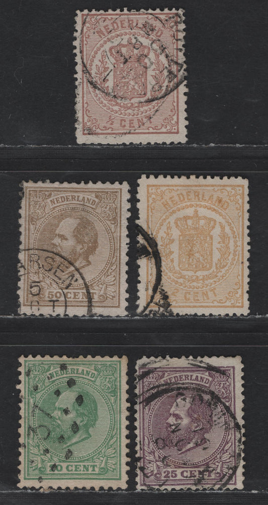 Lot 203 Netherlands SC#17, 21, 28, 30-31 1/2c - 50c Red Brown - Bistre King William III - Coat Of Arms, 1869-1888 King William III Keyplates & Coat of Arms Issues, 5 Fine/Very Fine Used Singles