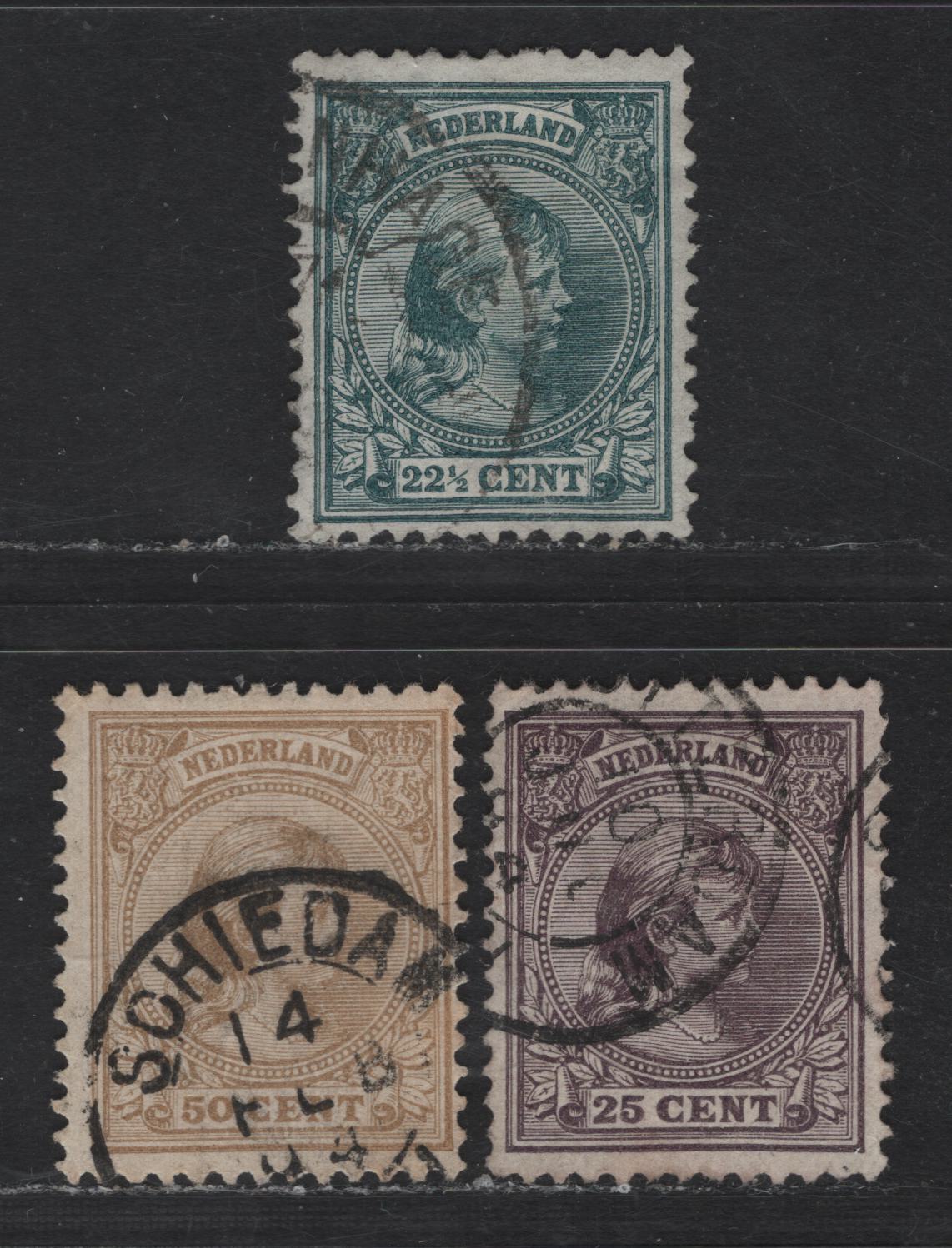 Lot 205 Netherlands SC#47a, 48a, 49a 22.5c - 50c Dark Blue Green - Bistre Princess Wilhelmina, 1891-1894 Princess Wilhelmina Issue, 3 Fine/Very Fine Used Singles